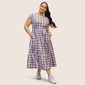 NWT BloomChic V-Neck Gingham Cap Sleeve Maxi Dress Size 1X=14/16